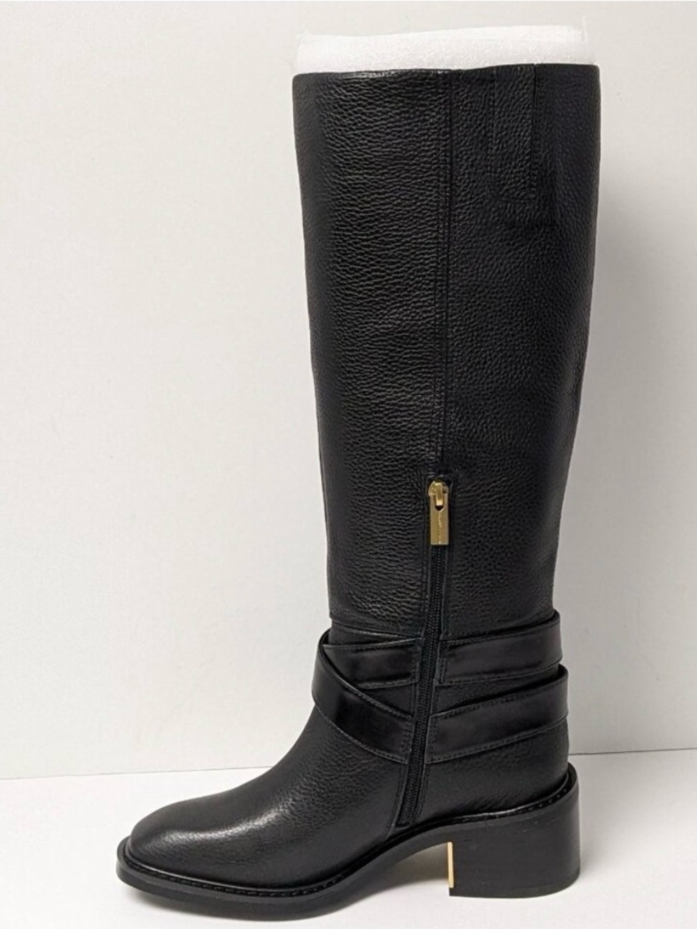 Vince Camuto GigiWomen's Black Leather Knee-High Riding Boots with Gold Hardware - Picture 5 of 6